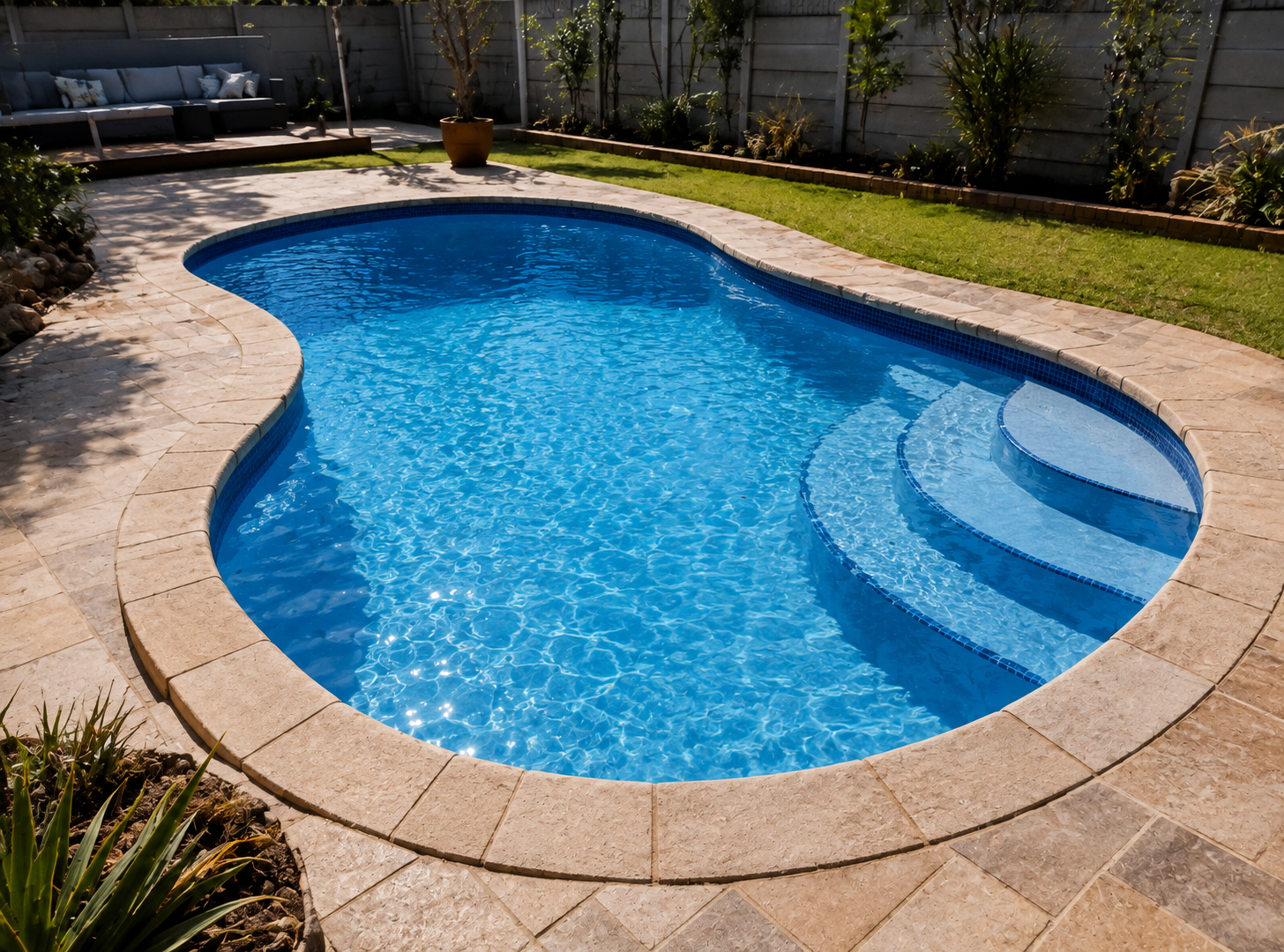Freeform pool with fresh blue fibreglass finish and mosaic waterline tiles beside stone paving