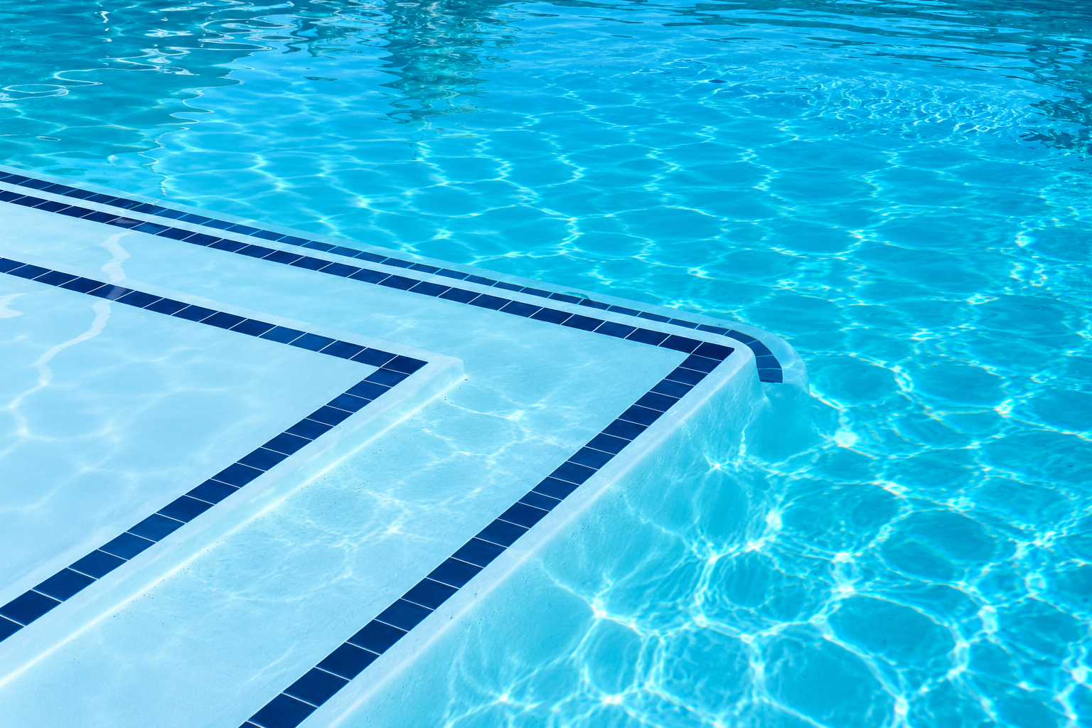 Renovated kidney-shaped pool with sparkling water, mosaic waterline and new stone paving surround