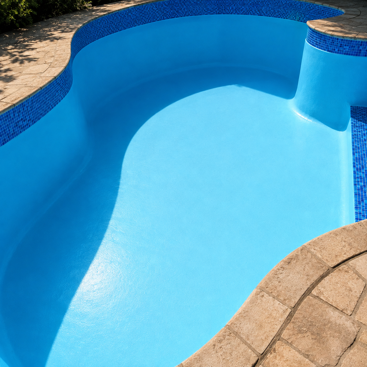 Newly applied marbelite finish in an empty square pool with terracotta paving surround
