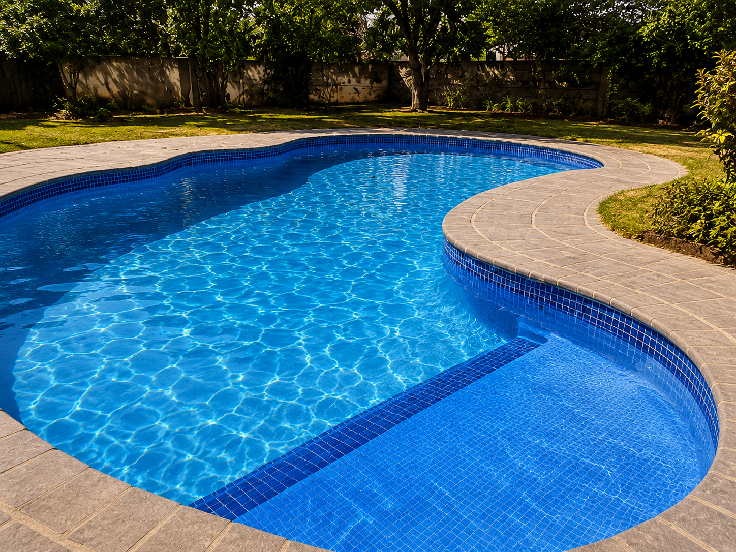 Authentic BlueWave Pool Renovations project: freeform pool with blue mosaic tiles and stone paving