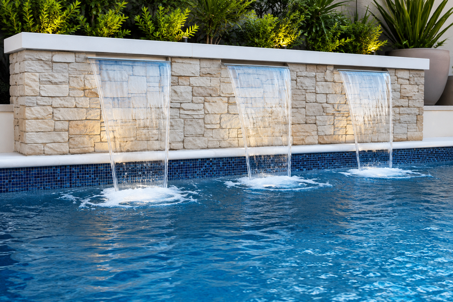 BlueWave Pool Renovations feature: stone-clad water wall with three sheer descent waterfalls into a blue mosaic-tiled pool
