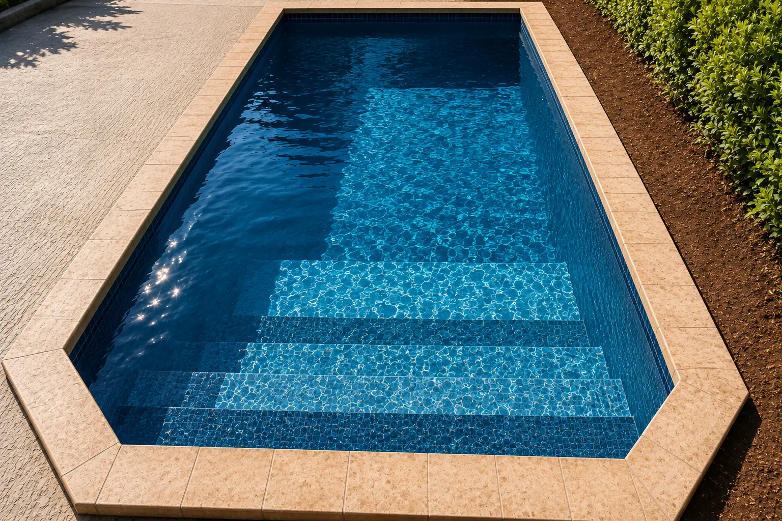 Completed rectangular pool with deep blue water, mosaic tiling, entry steps and sandstone coping