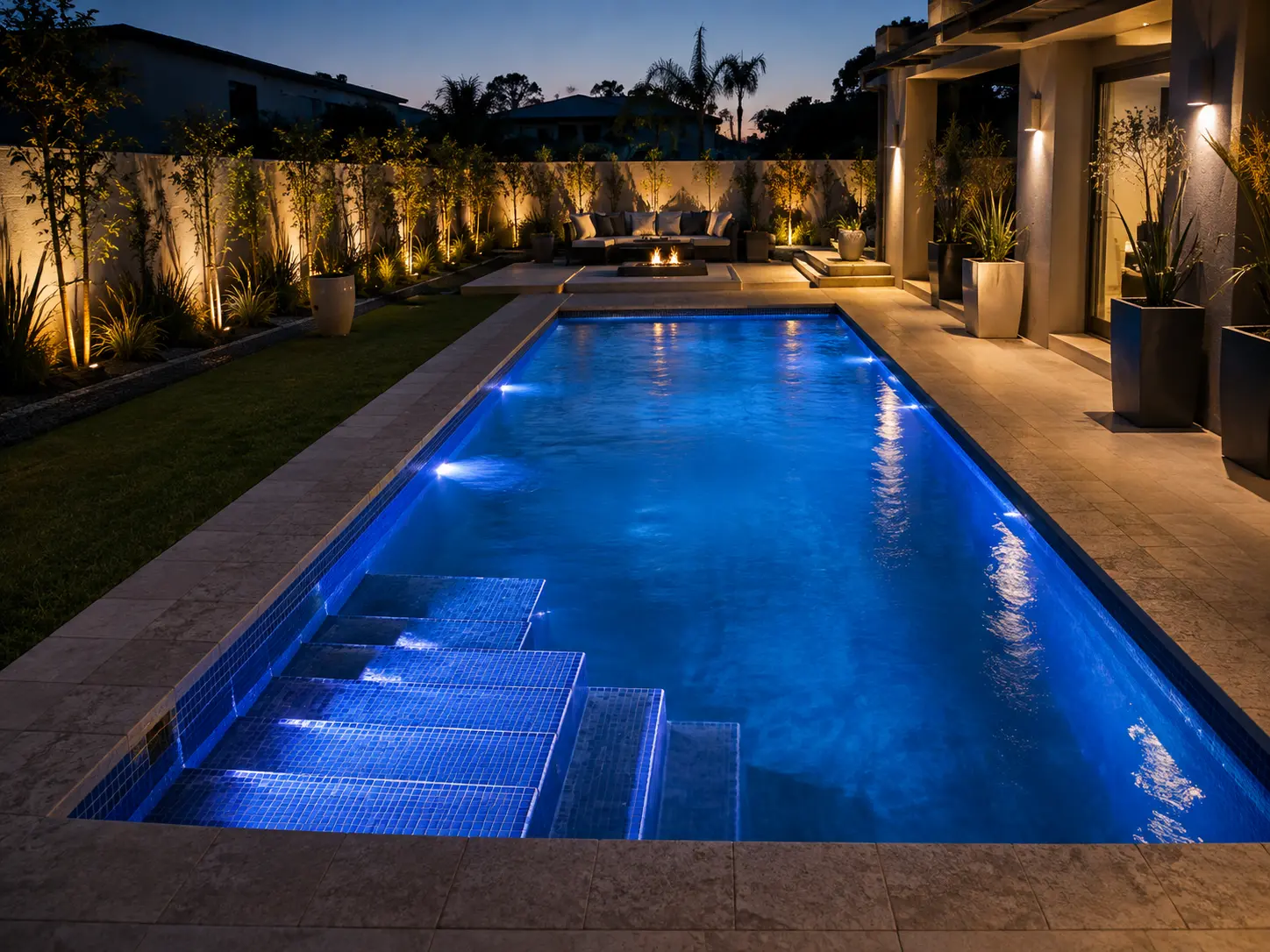 Close-up of a renovated pool step corner with crisp navy mosaic tile bands and clear rippling water